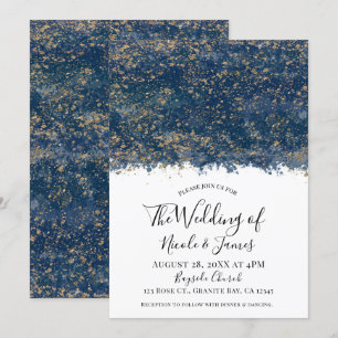 Invitation Blue Gold Splatter moderne Glam Mariage mariage