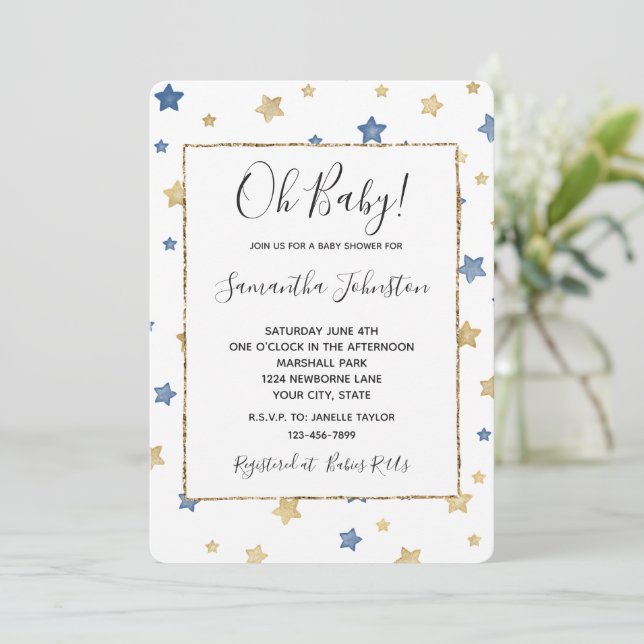 Invitation Blue Gold Stars Baby shower blanc (Debout devant)