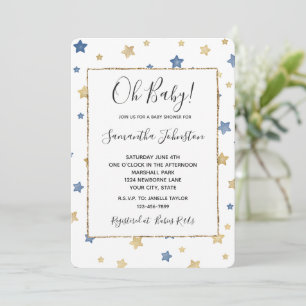 Invitation Blue Gold Stars Baby shower blanc