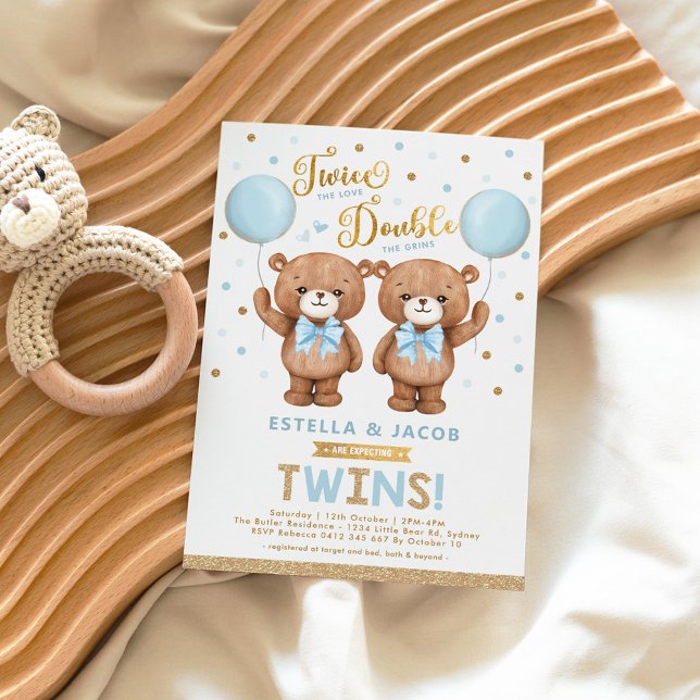 Invitation Blue Gold Teddy Bear Balloon Boy Twin Baby shower (Créateur téléchargé)
