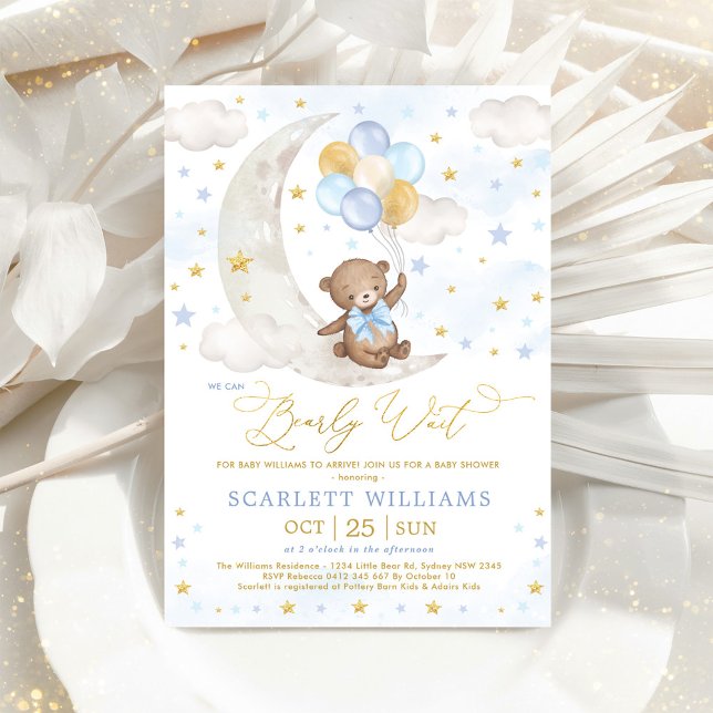 Invitation Blue Gold Teddy Bear Lune Stars Baby Boy Douche (Créateur téléchargé)