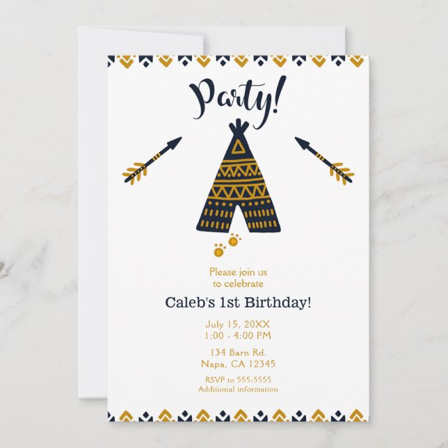 Invitation Blue & Gold Tepee Boho fête d'anniversaire moderne (Devant)