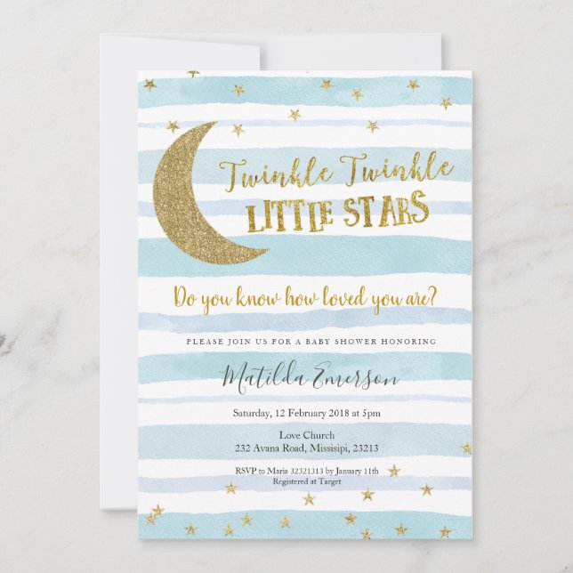 Invitation Blue Gold Twinkle Little Star Baby shower (Devant)