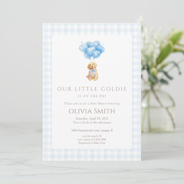 Invitation Blue Goldendoodle Puppy Baby Shower (Debout devant)