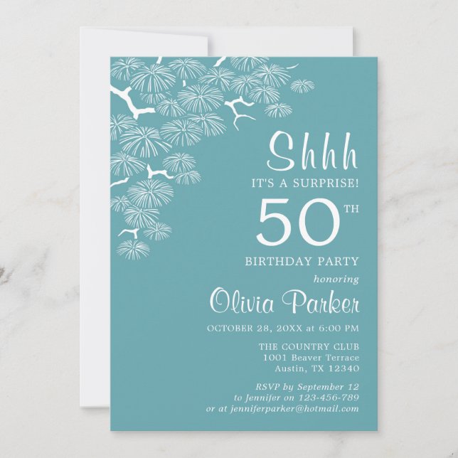 Invitation Blue Green Aqua Pine Branch Surprise 50e anniversa (Devant)