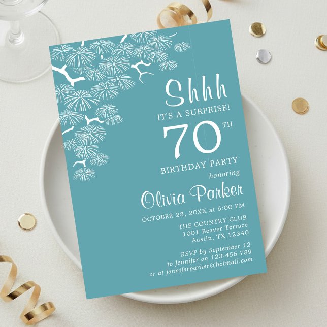 Invitation Blue Green Aqua Pine Branch Surprise 70th Birthday (Créateur téléchargé)