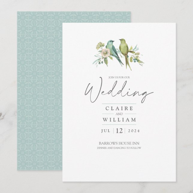 Invitation Blue Green Birds Botanical Watercolor Mariage (Devant / Derrière)