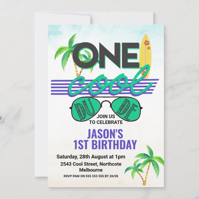 Invitation Blue Green Boys Cool Dude 1er Anniversaire Invitat (Devant)