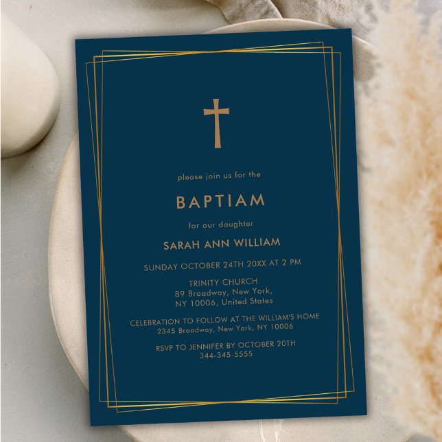 Invitation Blue Green Elegant Gold Typographie Croix Baptême (Blue Green Elegant Gold Typography Cross Baptism Invitation)
