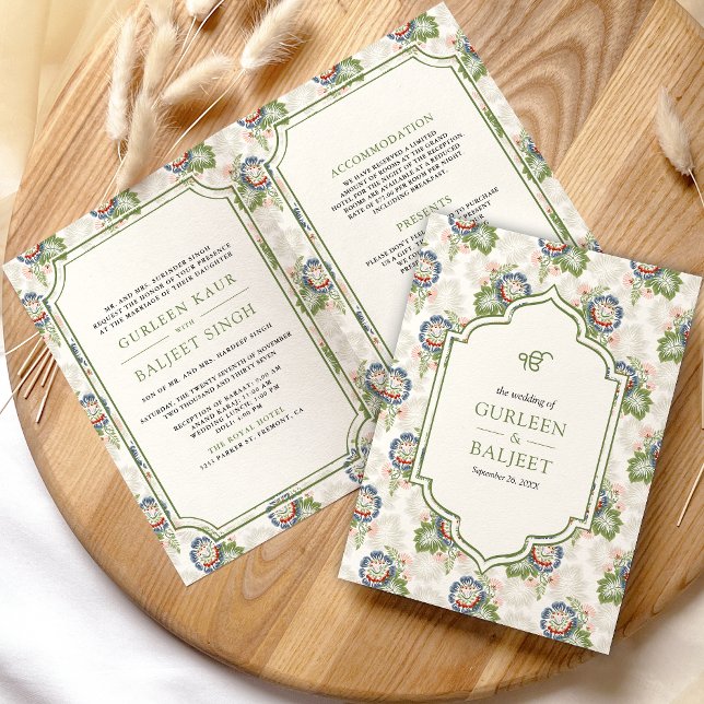 Invitation Blue Green Floral Ivory tout en un Mariage sikh (Créateur téléchargé)