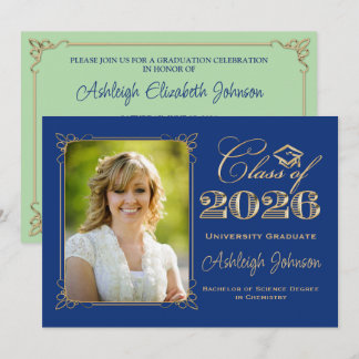 Invitation Blue, Green, Gold Class of 2026 Photo Graduation