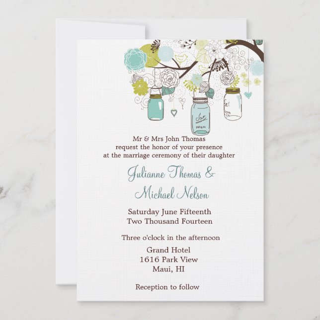 Invitation Blue Green Mason jarres Mariage (Devant)