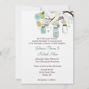 Invitation Blue Green Mason jarres Mariage