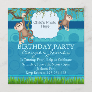 Invitation Blue & Green Monkey Fun Photo Anniversaire Invitat