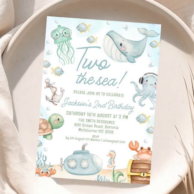 Invitation Blue Green Sea Créatures Deux La Mer 2e anniversai (Boys Two The Sea 2nd Birthday Invitation, Under the Sea Themed Birthday Party Invite, Ocean Critters)