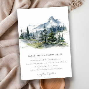 Invitation Blue Green Woods Mountain Paysage Mariage de croqu