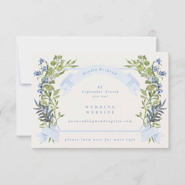 Invitation blue greenery crest website QR CODE wedding RSVP (Devant)