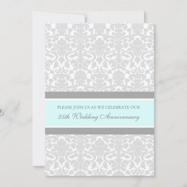 Invitation Blue Grey Damask 25e anniversaire de fête Invitati (Devant)