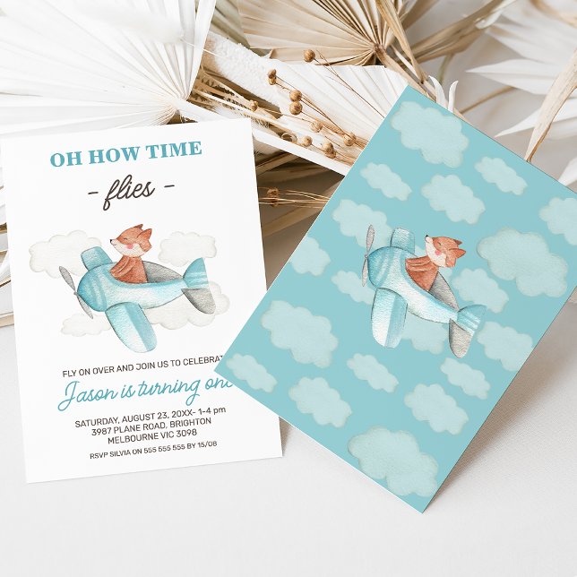 Invitation Blue Grey Plane Comment le temps passe 1er anniver (Plane themed boy's first birthday invitation for a baby boy featuring an airplane, fox and clouds.)