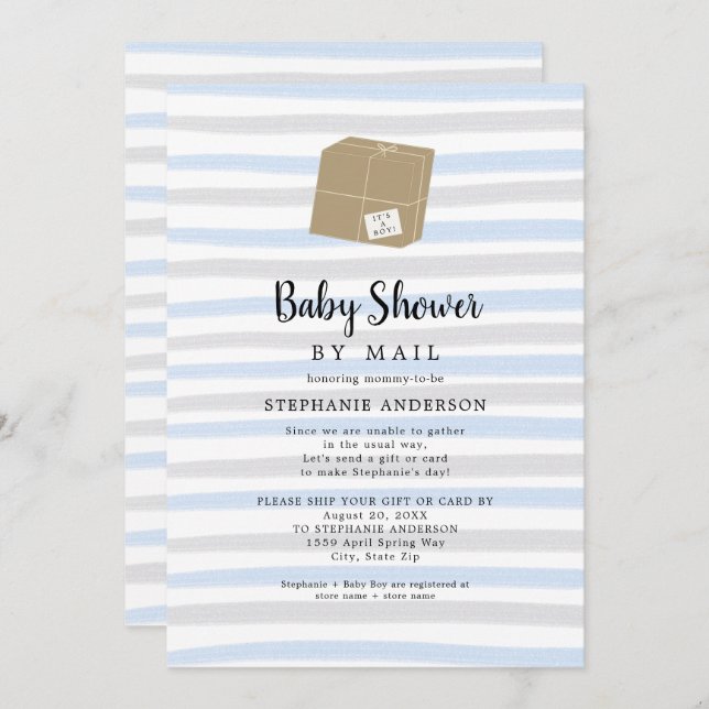 Invitation Blue Grey Stripes Baby shower garçon par courrier (Devant / Derrière)