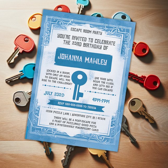 Invitation Blue Grunge Escape Room Key Anniversaire (Créateur téléchargé)