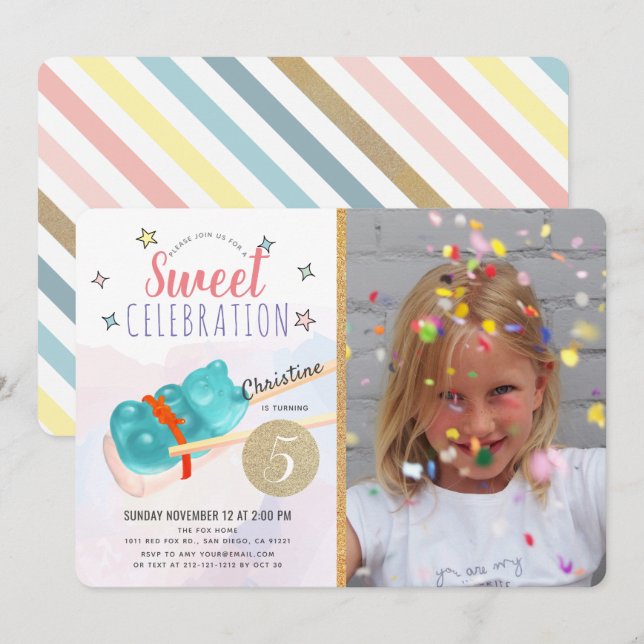 Invitation Blue Gummy Bear Candy Sushi Girl Photo Anniversair (Devant / Derrière)