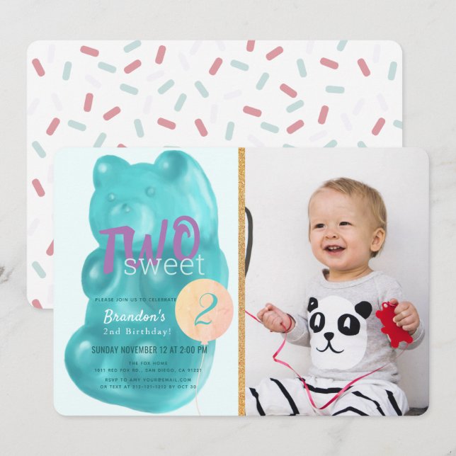 Invitation Blue Gummy Bear Two Sweet Photo 2e anniversaire (Devant / Derrière)