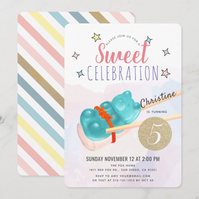 Invitation Blue Gummy Ours Candy Sushi Fille Anniversaire (Devant / Derrière)