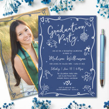 Blue Hand Drawn Doodles Style Photo Graduate Party