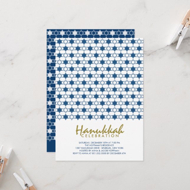 Invitation Blue Hanoukka Étoiles De David Motif Fête (Devant/Arrière en situation)
