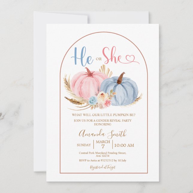 Invitation Blue He or She Boho Rose Citrouille Genre Reveille (Devant)