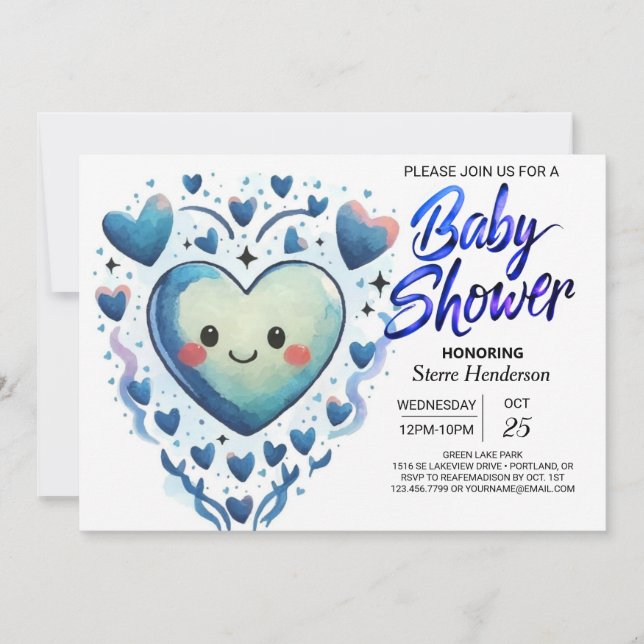 Invitation Blue Hearts Little Cutie Elégant Baby shower garço (Devant)