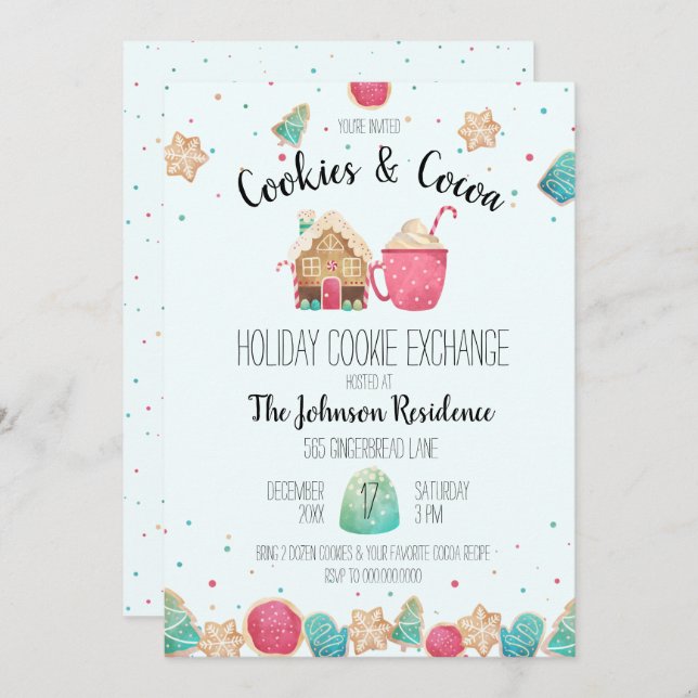 Invitation Blue Holiday Cookie Exchange Cookies & Cocoa Party (Devant / Derrière)