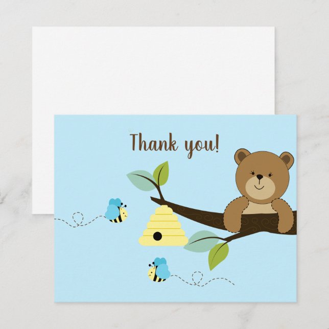 Invitation Blue Honey Bear Bumble Bee Bo Flat Merci notes (Devant / Derrière)