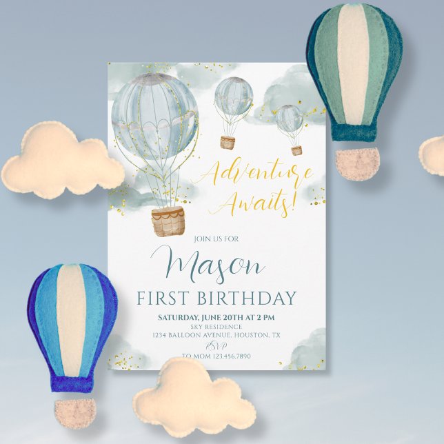 Invitation Blue Hot Air Balloon Boy Premier anniversaire (Créateur téléchargé)