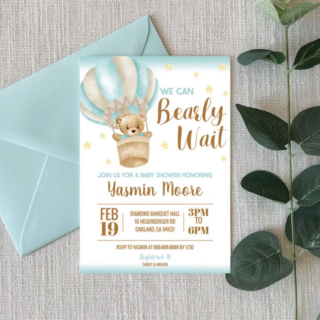 Invitation Blue Hot Air Balloon Teddy Bear Baby shower à thèm (Créateur téléchargé)