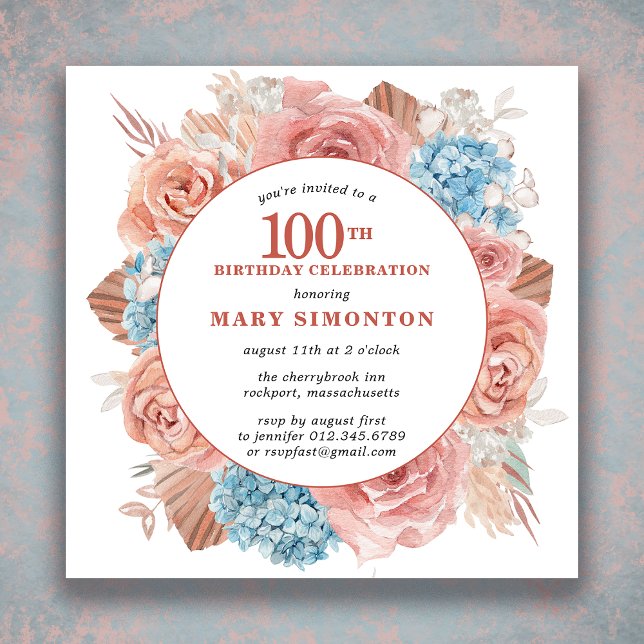 Invitation Blue Hydgrangea Rose rose Floral 100e anniversaire (Créateur téléchargé)