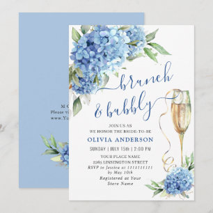 Invitation Blue Hydrangea Aquarelle Brunch floral et Bubbly
