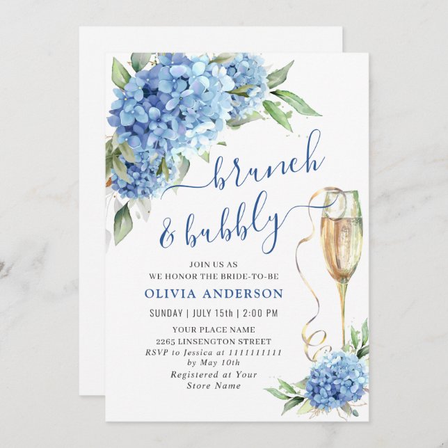 Invitation Blue Hydrangea Aquarelle Brunch floral et Bubbly (Devant / Derrière)
