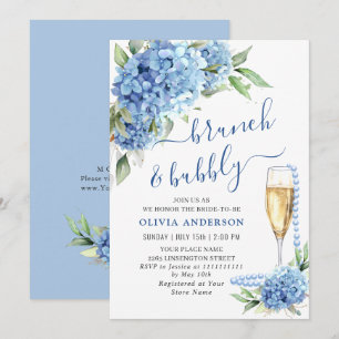 Invitation Blue Hydrangea Aquarelle Brunch floral et Bubbly