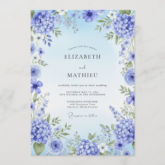 Invitation Blue Hydrangea Artistic Bloom Wedding (Devant)