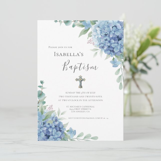 Invitation Blue Hydrangea Baptism Religious  (Debout devant)