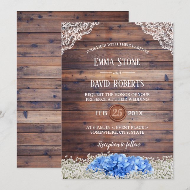 Invitation Blue Hydrangea Bébé's Breath Rustic Barn Mariage (Devant / Derrière)