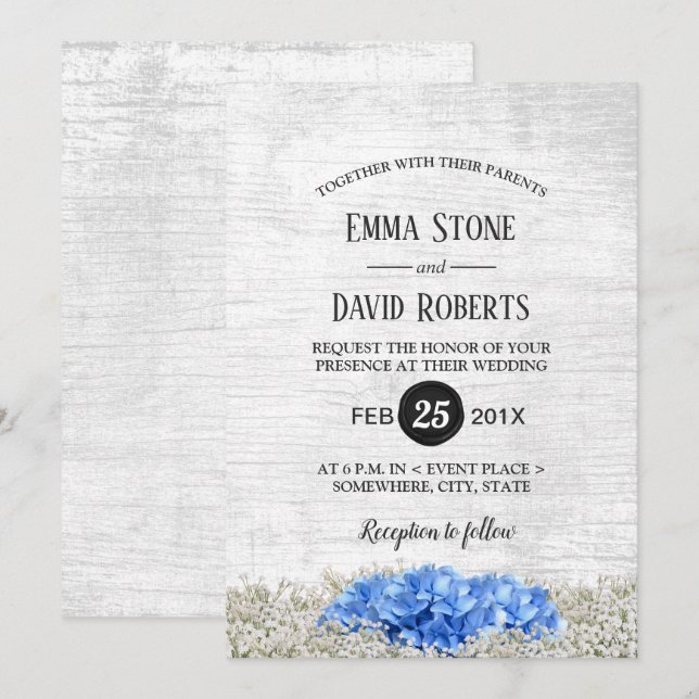 Invitation Blue Hydrangea Bébé's Breath Rustic Mariage (Devant / Derrière)
