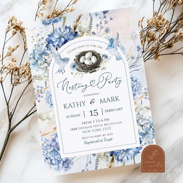 Invitation Blue Hydrangea Bird Nesting Party (Créateur téléchargé)