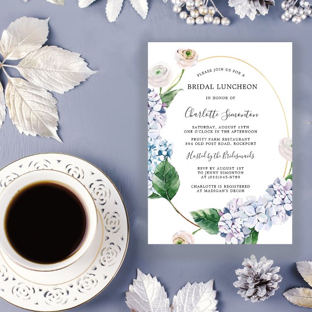 Invitation Blue Hydrangea Blush Rose Fête des mariées florale (Créateur téléchargé)