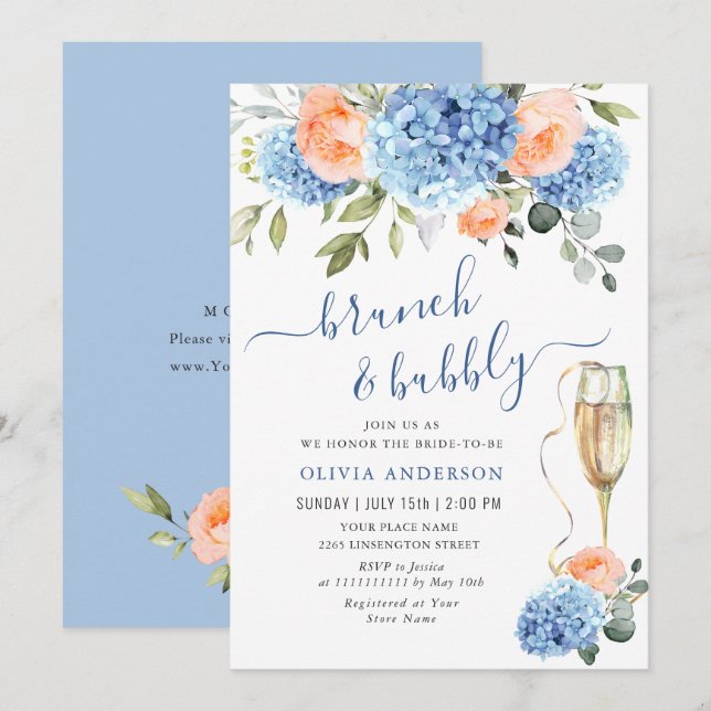 Invitation Blue Hydrangea Blush Rose Roses FÊTE DES MARIÉES (Devant / Derrière)