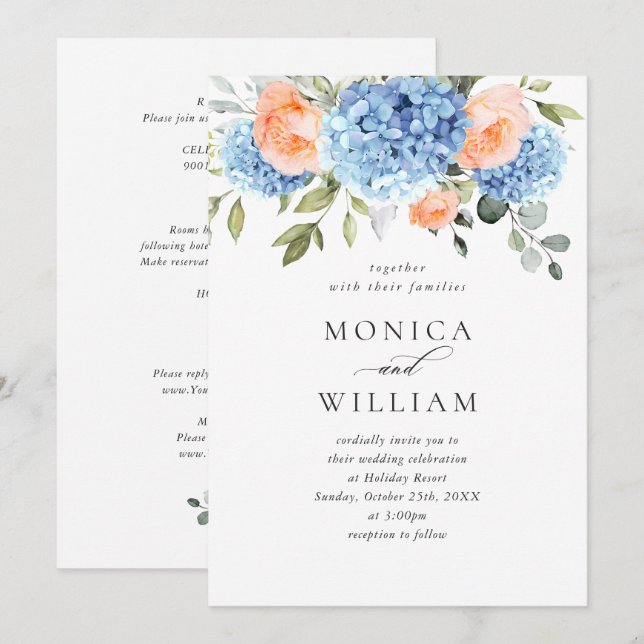 Invitation Blue Hydrangea Blush Rose Roses Mariage tout en un (Devant / Derrière)