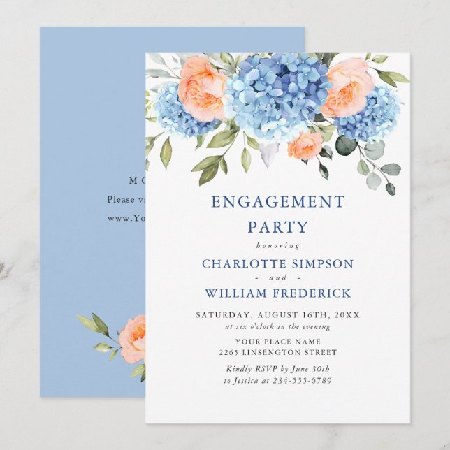 Invitation Blue Hydrangea Blush Rose Roses PARTICIPANT (Devant / Derrière)