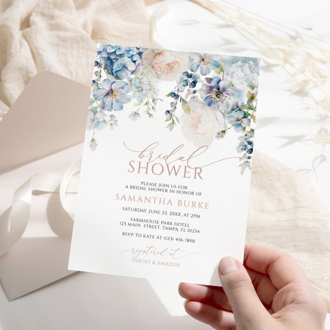 Invitation Blue Hydrangea & Blush Roses Fête des mariées (Créateur téléchargé)